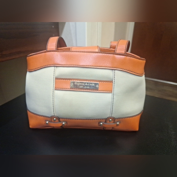 Etienne Aigner Shoulder Handbag Cream Fabric Orang Faux Leather Tote Plate Logo - Picture 1 of 10